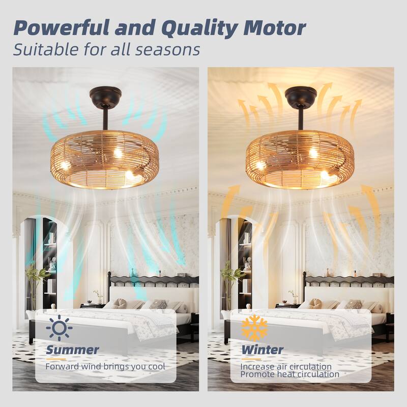 20 in. Rattan Indoor Ceiling Fan with Lights, 6-Speed Remote Control and Reversible DC Motor for Small Bedroom