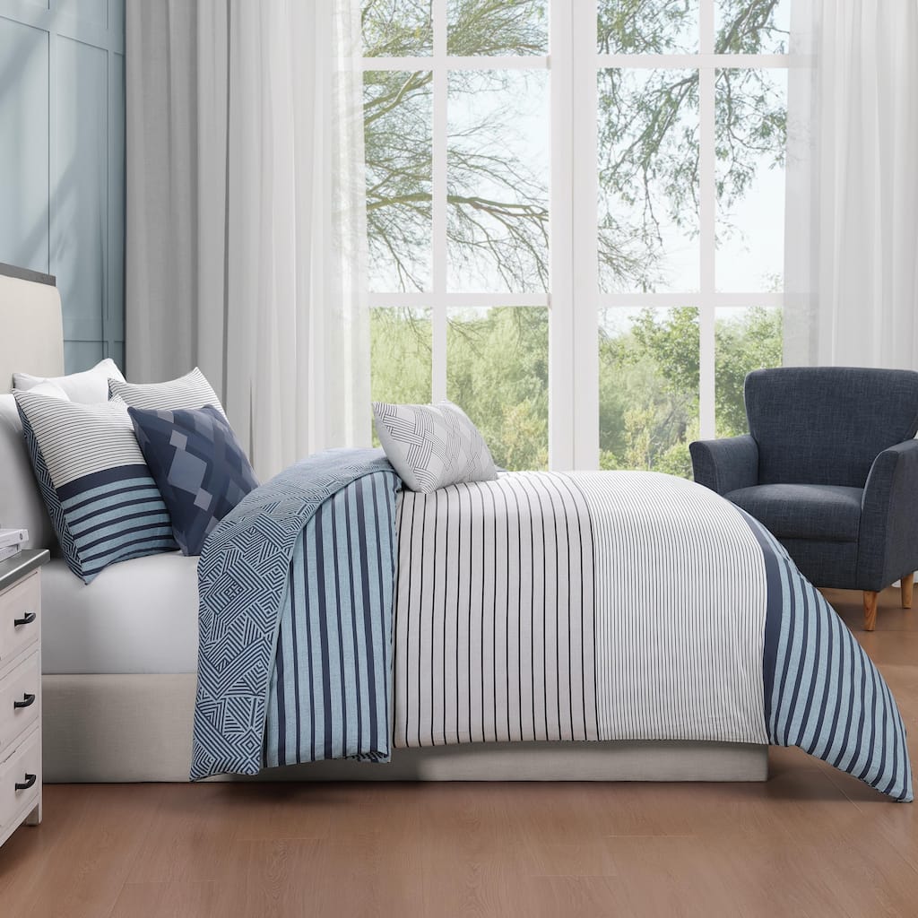 Bebejan Blue Geo Lines 100% Cotton Sateen5 Piece Reversible Comforter Set