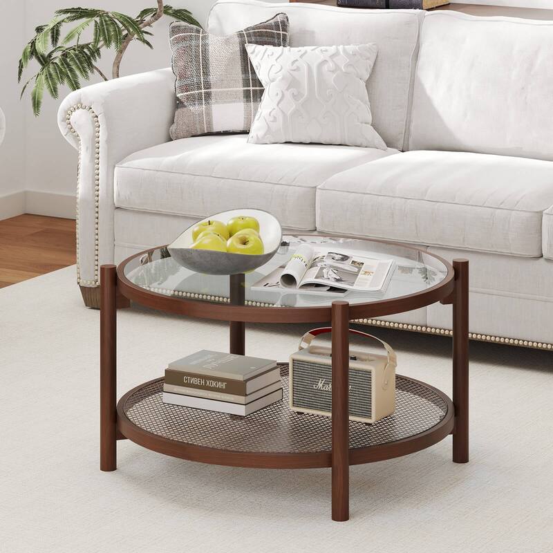 Costway Wooden 31" Round Coffee Table with Tempered Glass Top Handmade - Cherry+Transparent - See Details