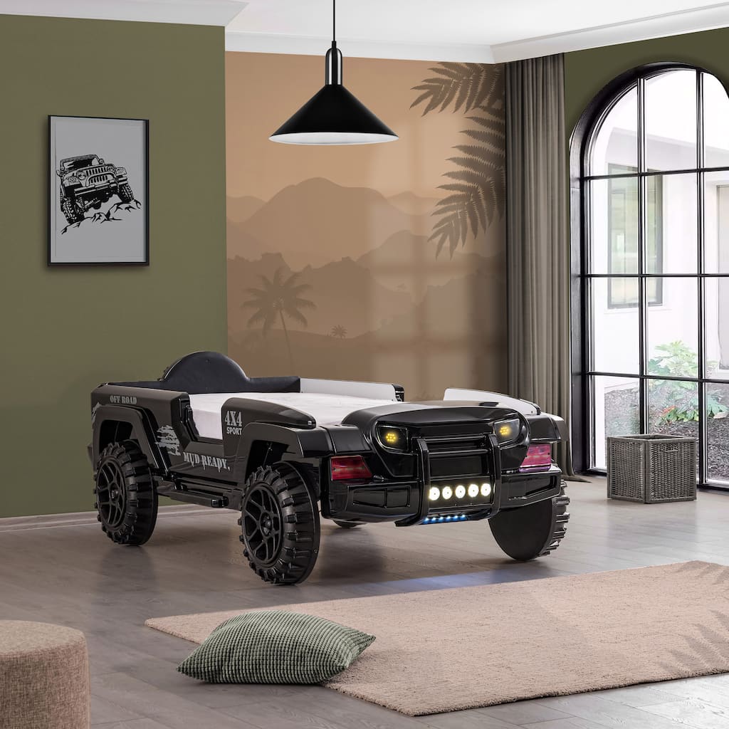 Zemo Novelty Twin Faux Leather Upholstered Off-Road SUV Kid Bed with Light and Sound Functions by Furniture of America