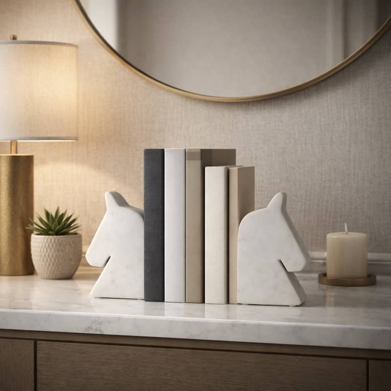 Modern Marble Horse Head Book Ends - Set of 2, 6", White - 6.0" - White - 6.0"