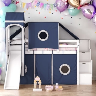 Modern Twin Size Loft Bed With Tent And Tower,Playhouse Inspired,Solid Construction