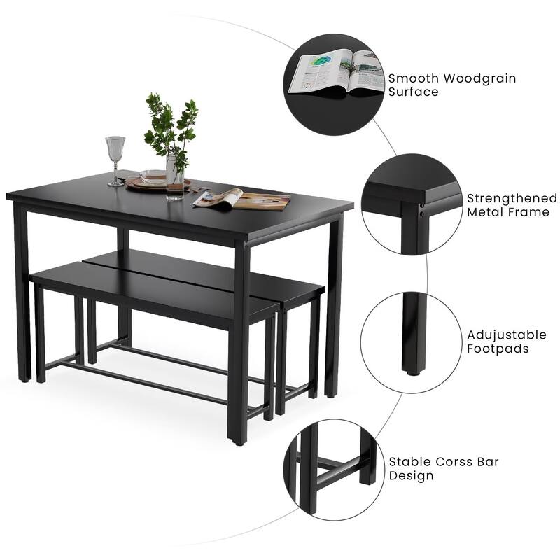 Industrial 3-Piece Dining Table Set, Retro Wood Kitchen Table Set with 2 Benches for Home Kitchen, Dining Room, Restaurant