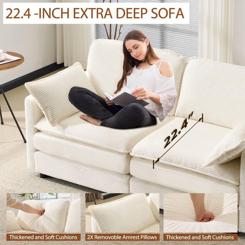 69" Modular 2-Seater Sectional Sofa with 22" Beige Chenille Cushions and 2 Throw Pillows