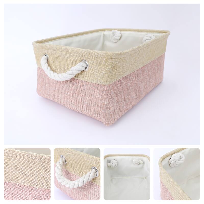 Collapsible Storage Basket Bin with Handle, Fabric Storage Cube for Shelves Closet Organizing Clothes Books - Pink/Beige - 16*12.5*8in