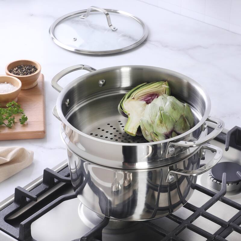 Sur La Table Kitchen Essentials 3-Piece 5.3-Quart Stainless Steel Dutch Oven with Steamer Insert & Glass Lid