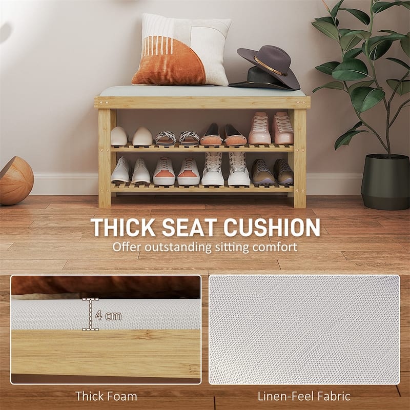 Cream White Two-Tier Wicker Shoe Storage Bench with Linen Cushion Seat for Entryway or Hallway - 35.4" W x 11.4" D x 19.3" H