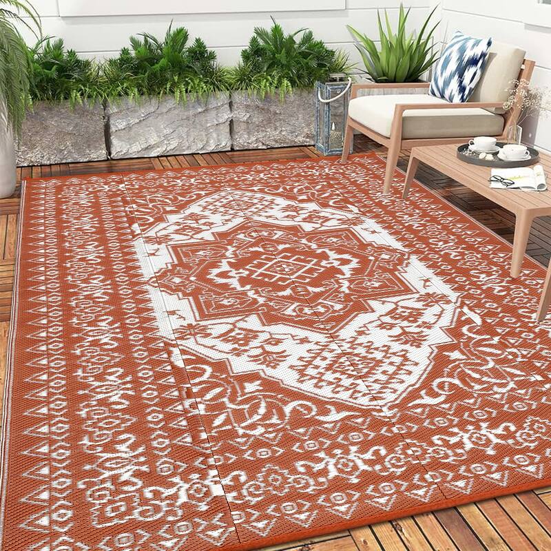 Outdoor Patio Rug Waterproof Reversible Carpet Vintage Boho Medallion Rug Plastic Straw Rug - 9'x12' - Red White