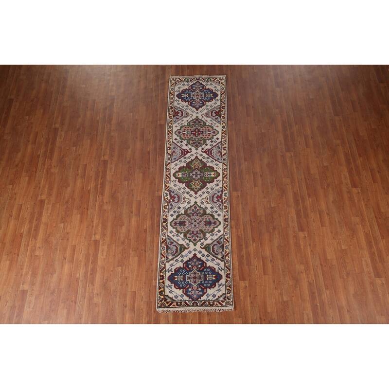 Geometric Kazak Runner Rug Hand-Knotted Beige Wool Carpet - 2'6"x 9'10"