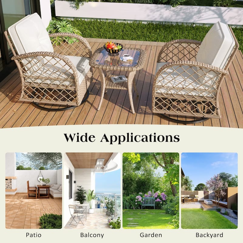 3 Piece Rattan Chair Table Set with 2 Rocking Chairs and Table