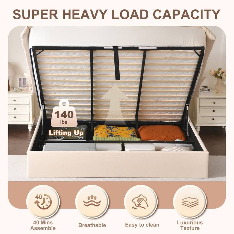 Linen Wingback Hydraulic Lift Up Storage Upholstered Platform Bed