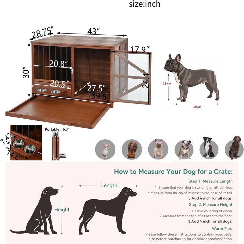 43" Solid Wood Dog Crate Furniture, Foldable Indoor Kennel with 360° Rotating Feeder Multi-Functional End Table