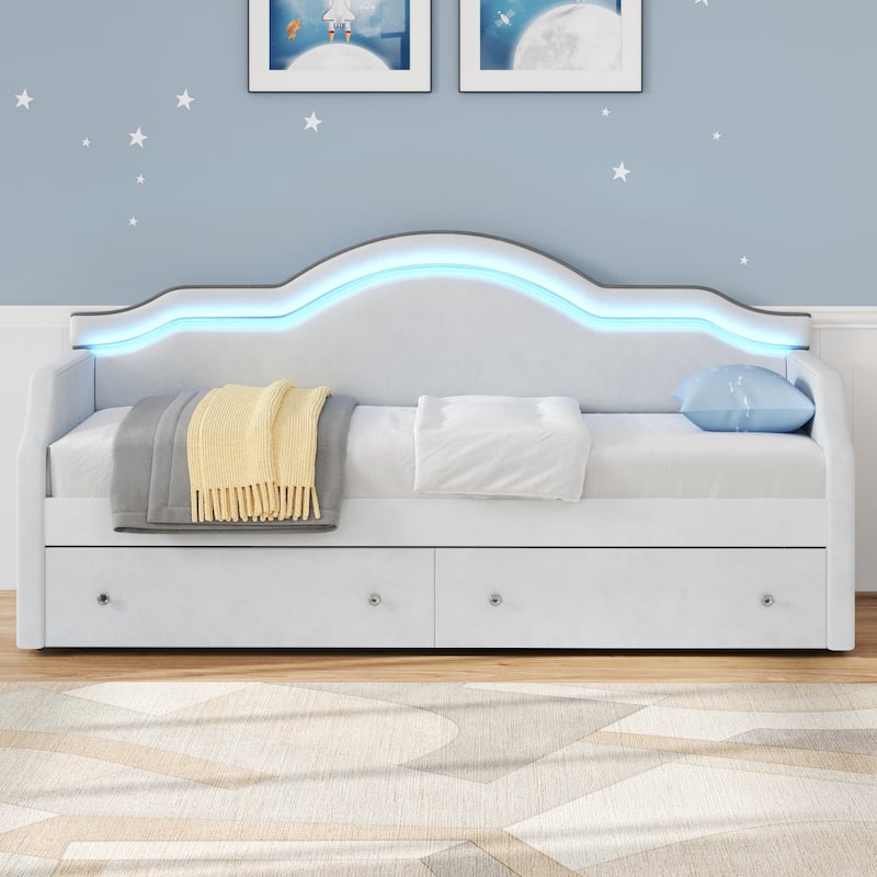 Twin Size Upholstered Daybed with LED and 2 Drawers