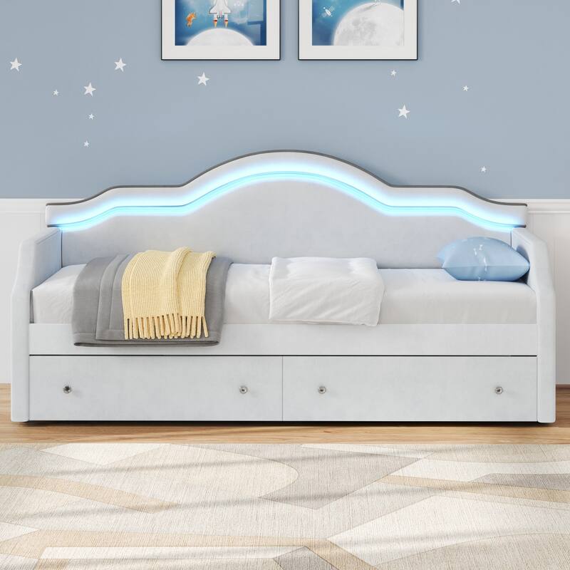 Twin Size Velvet Upholstered Daybed with LED Lights and Storage Drawers