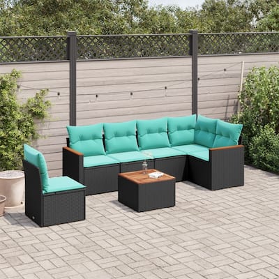 vidaXL 7 Piece Patio Sofa Set with Cushions Black Poly Rattan