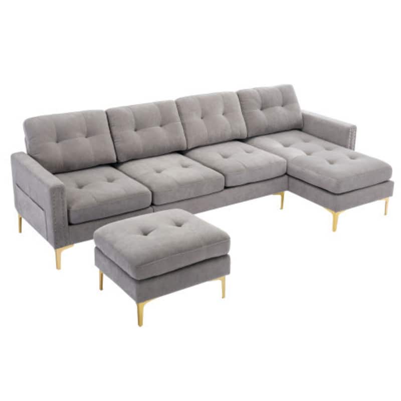 U-Shape Convertible Sectional Sofa with Movable Ottoman and Gold Metal Legs