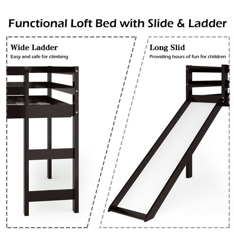 Gymax Twin Size Loft Bed with Slide Wood Low Sturdy Loft Bed for Kids