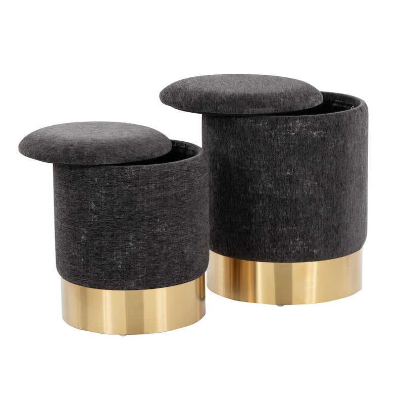 Marla Contemporary Nesting Ottoman Set in Gold Metal and Plush Fabric by LumiSource - Black