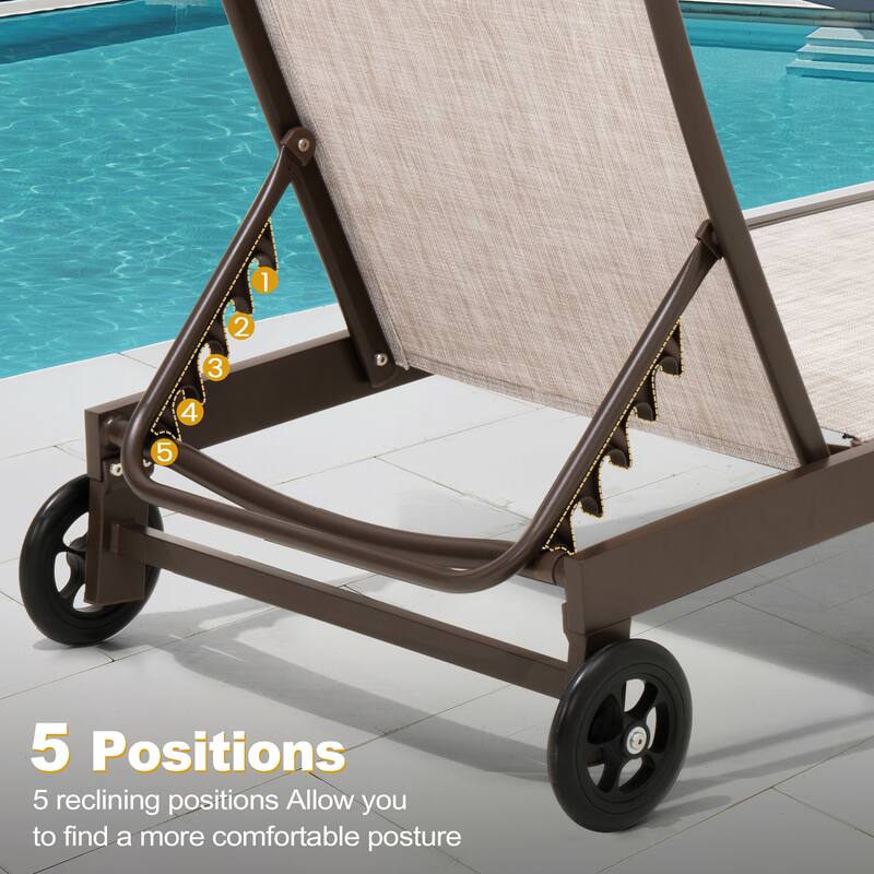 Outdoor Patio Aluminum 5-Position Adjustable Chaise lounge Chairs with Wheels