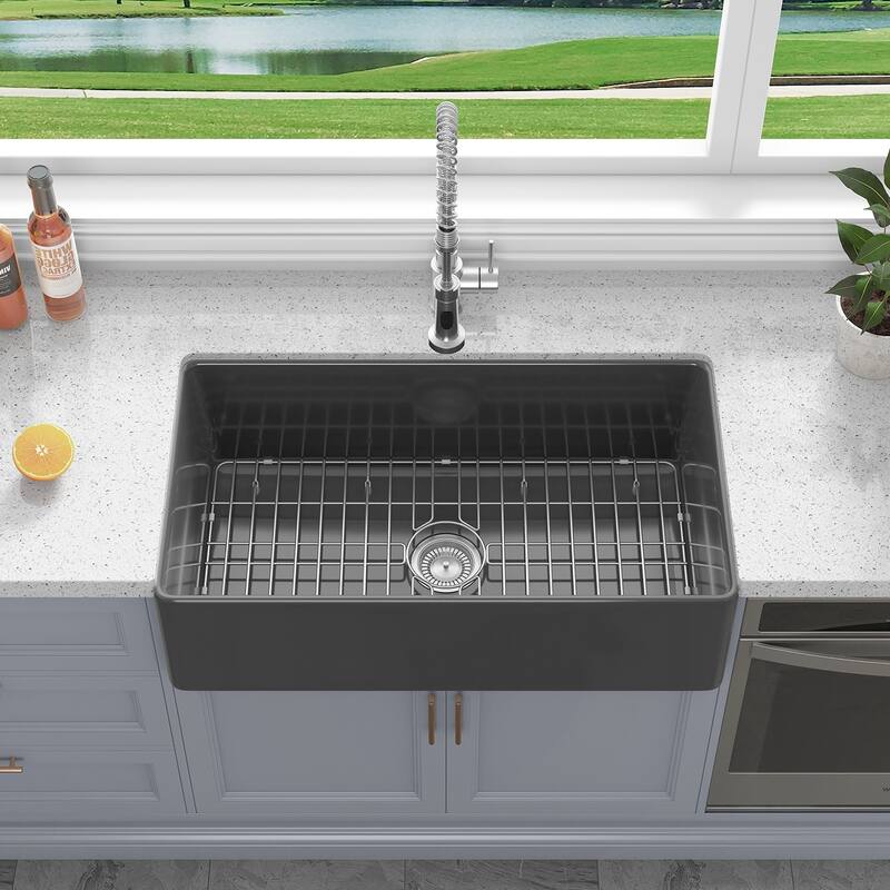 Sinber Farmhouse Apron Single Bowl Kitchen Sink with Fireclay White Finish - 33" x 18" x 10" - Black