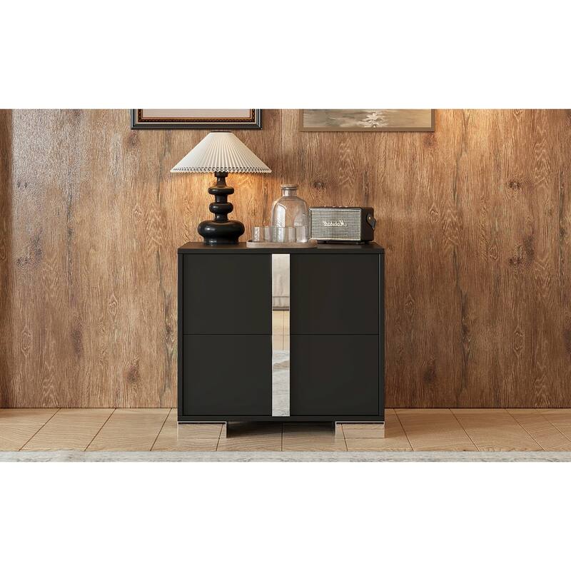 Nightstand with 2 Drawers, Sofa Side Table with Mirrored Metal Handle & Base, Multi-functiona Wooden Accent Table
