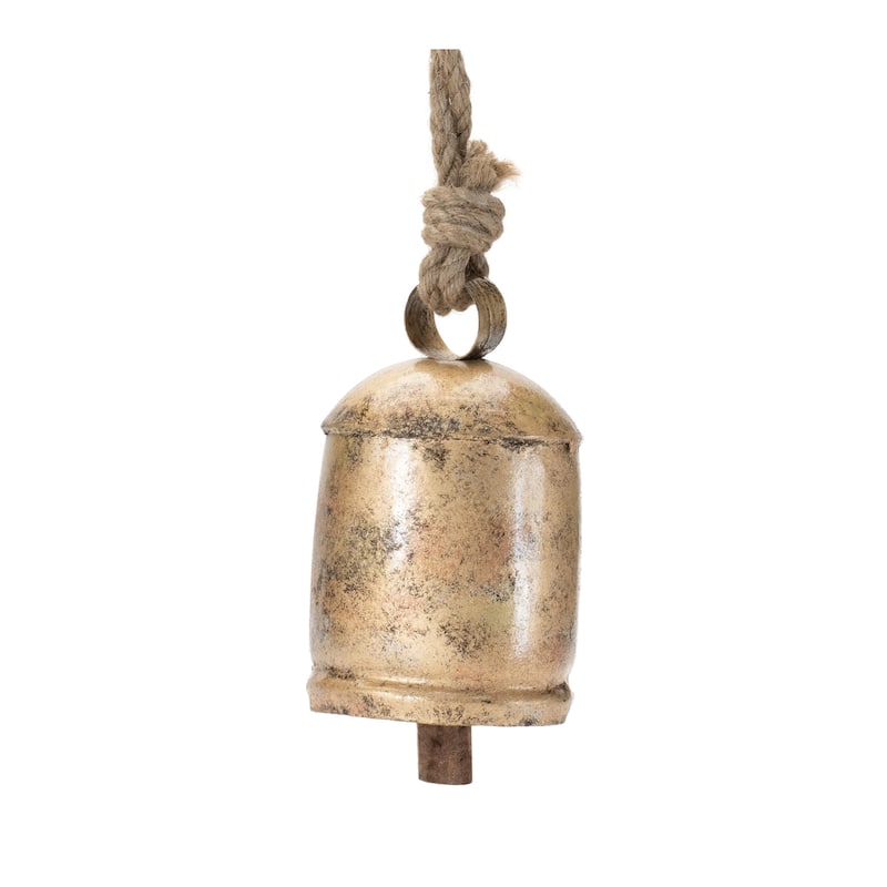 Set of 2 Distressed Gold Iron Bell Ornaments with Wooden Clapper for Farmhouse Holiday Decor - 3.25”L x 3.25”W x 6.5”H