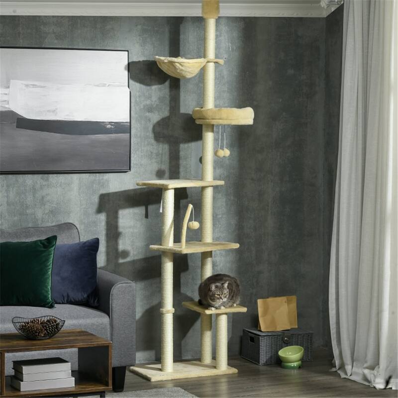 Beige Cat Tree Unique Design with Multiple Platforms and Adjustable Height - 21.25" W x 13.5" D x 90.5" 98.5" H - Beige