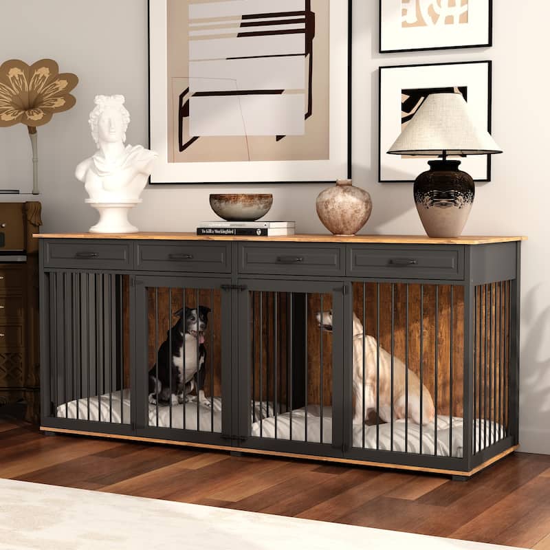 86.6"Wooden Dog Crate Kennel with 4 Drawers,Double Dog Crate Furniture