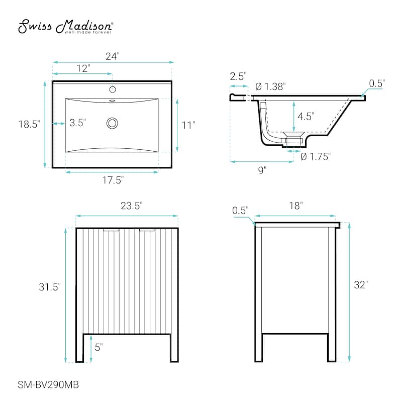 Bastille 24 In. White Bathroom Vanity With Black Ceramic Sink Top