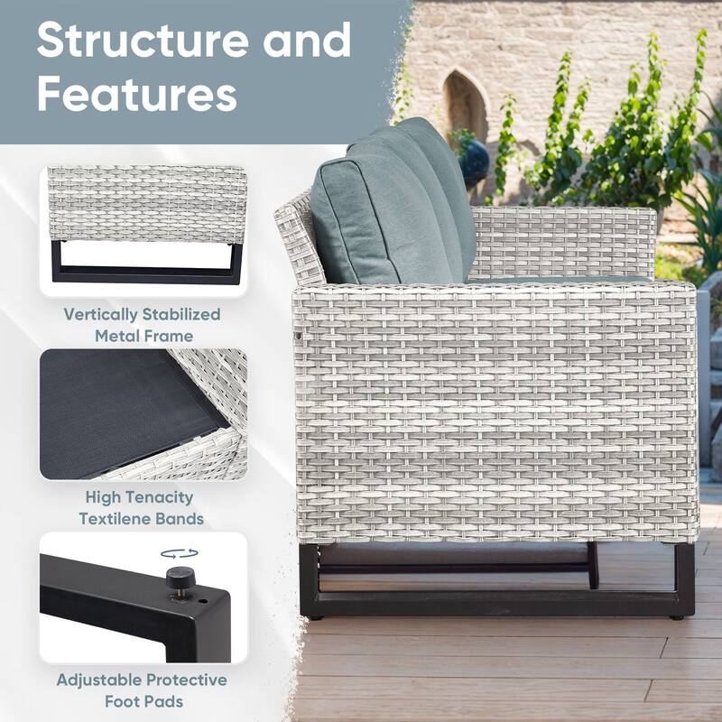 3 Pieces Outdoor Wicker Sofa with Ottomans Light Grey - Baby Blue - Light Grey