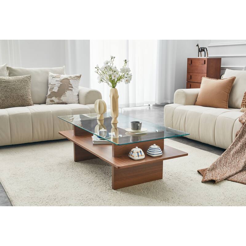 Modern Double-Tier Coffee Table with Tempered Glass Top & Walnut MDF Shelf - Contemporary Living Room/Office Accent Furniture