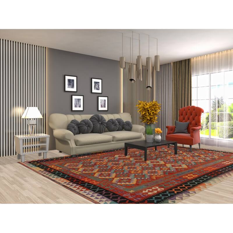 South Western Style Kilim Oriental Rug Hand-Woven Orange Wool Carpet - 8'0"x 11'4"