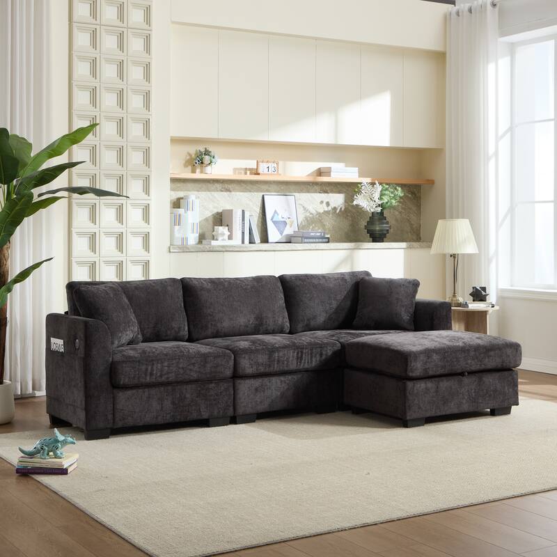 L-Shaped Modular Sectional Sofa with Storage Ottoman, 97" Chenille Corner Couch with USB Ports, Side Pockets