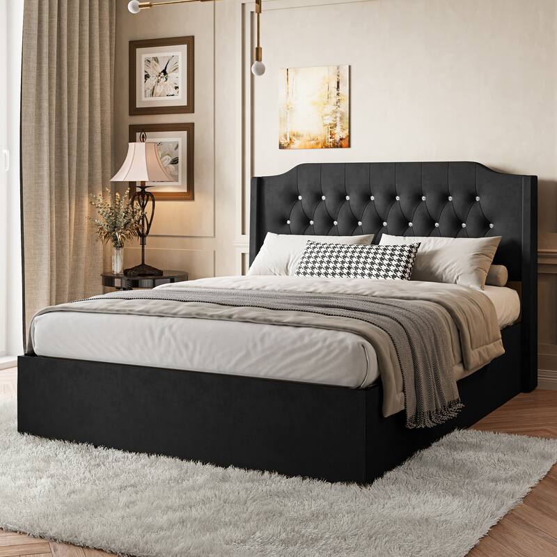 Queen Size Tufted Upholstered Bed Frame with Crystal Button Accents, Wingback Headboard and Under-Bed Storage Space,Beige