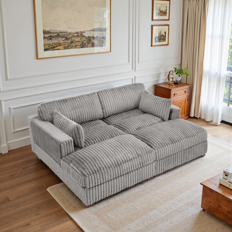 82" W Plush Corduroy Modular Sectional Sofa Chaise Lounge - Light Grey