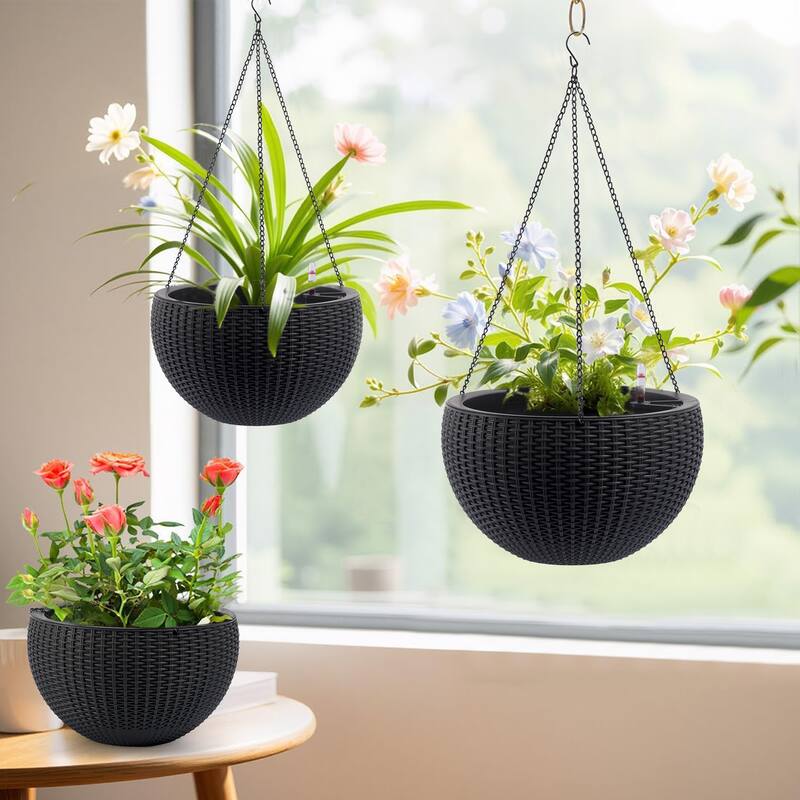 13.4 inch Self-Watering Hanging Rattan-Inspired Planter Large Capacity, Root-Rot Resistant Water Storage