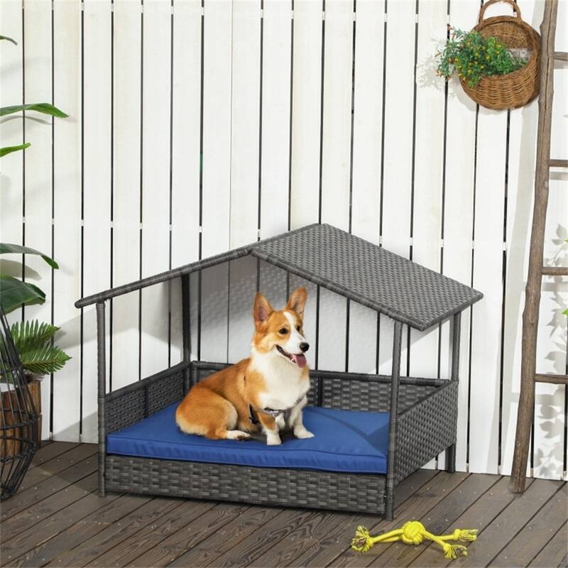 PE Rattan Steel Dog Playpen with Cushion and Anti-Slip - 38.6" L x 27.2" W x 28.7" H - Dark Blue-Grey