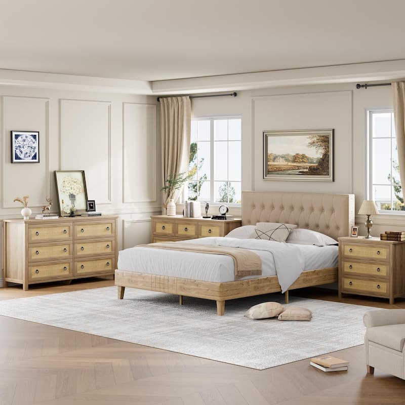 Boho Wide Drawer Dresser with Storage, Wooden Closet Dressers Chest of Drawers Freestanding for Bedroom