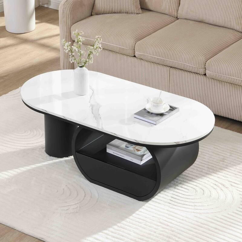 47'' Living Room Oval Shaped Coffee Table with Storage Drawer
