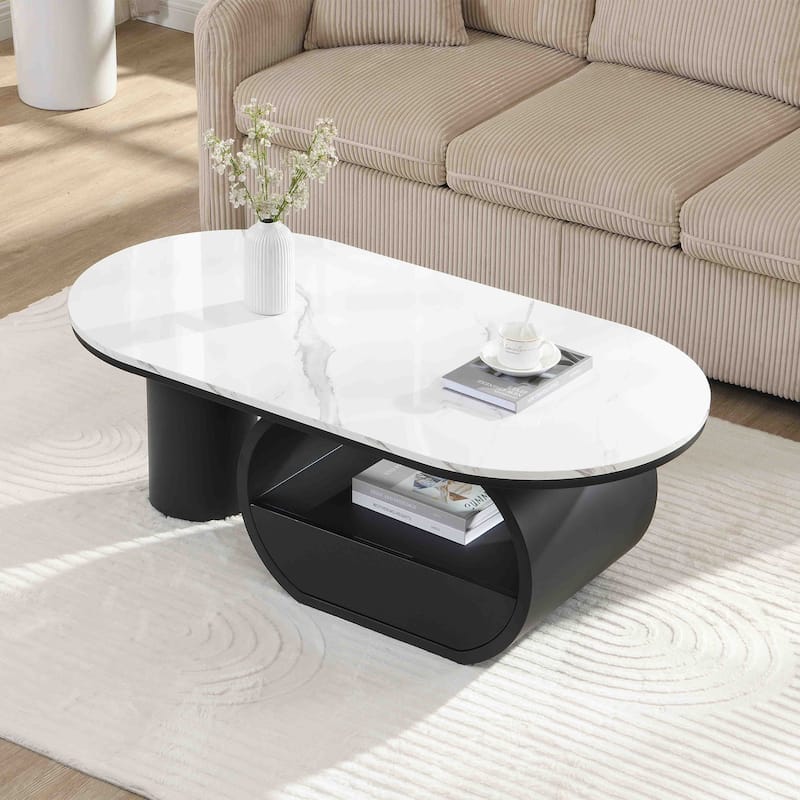 Elegant Contemporary Oval Cocktail Table with Hidden Storage, 47.24" Faux Marble Surface and Glamorous Gold-Tone Metal Base .