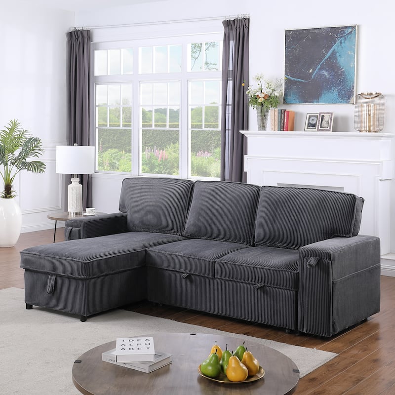 Pull Out Sleeper Sectional Sofa Bed Corduroy L-shaped Couch with Reversible Storage Chaise, Side Pockets and Hidden Cup Holders