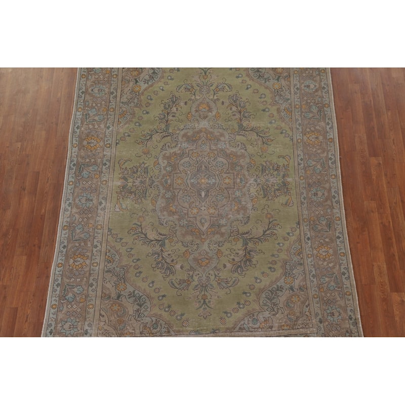 Green Distressed Tabriz Persian Antique Area Rug Handmade Wool Carpet - 6'6" x 9'8"