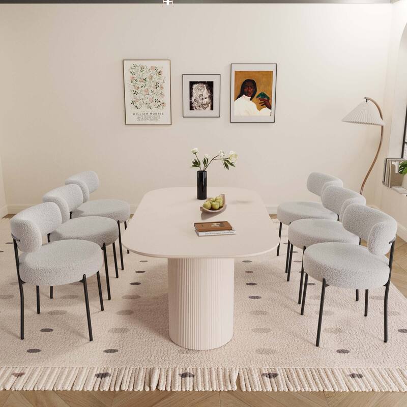 63" medieval modern cream style MDF dining table and 6 sets of circular cushioned armless dining chairs