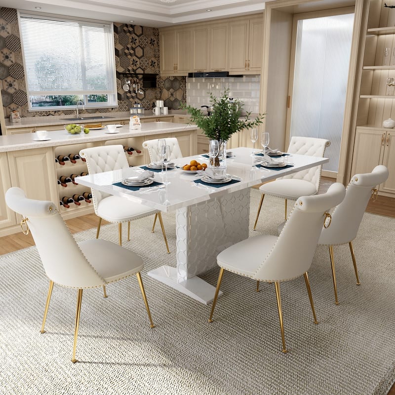 7-Piece Clihome High-gloss Extendable Table Velvet Chair Dining Set - Beige