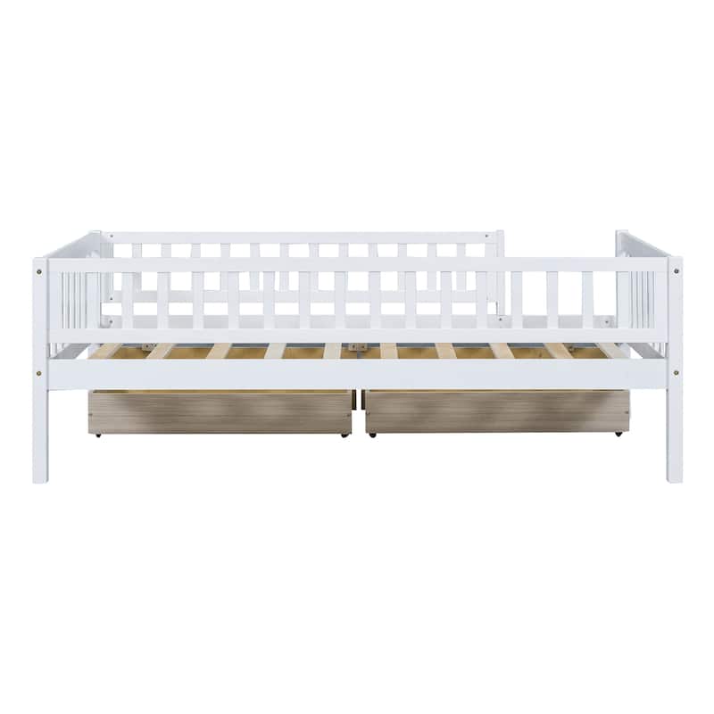 Twin Size Daybed Wood Bed Wood Platform Bed Frame No Box Spring Needed, 2 Extendable Wood Drawers with Trundle for Boys Girls