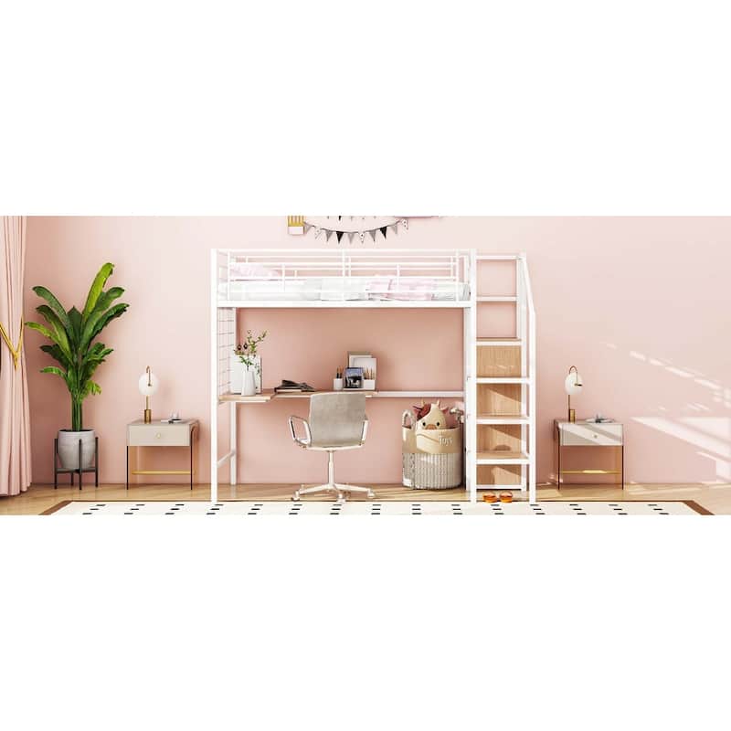 Metal Loft Bed with Desk ,Storage Ladder & Wardrobe