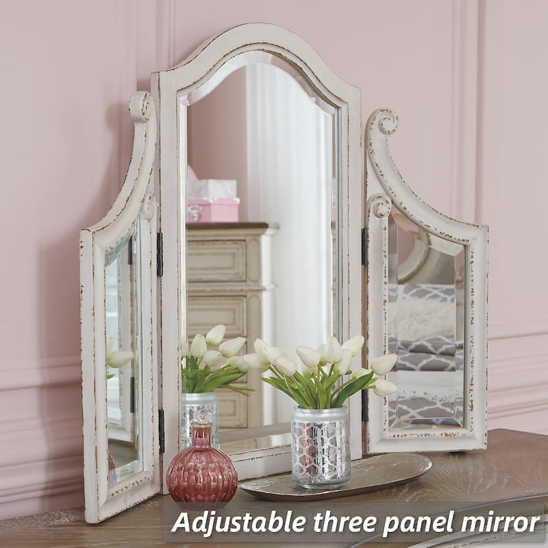 Signature Design by Ashley Nettle Bank Chipped White 3-piece Vanity Mirror Stool Set - 54" W x 18" D x 59.38" H