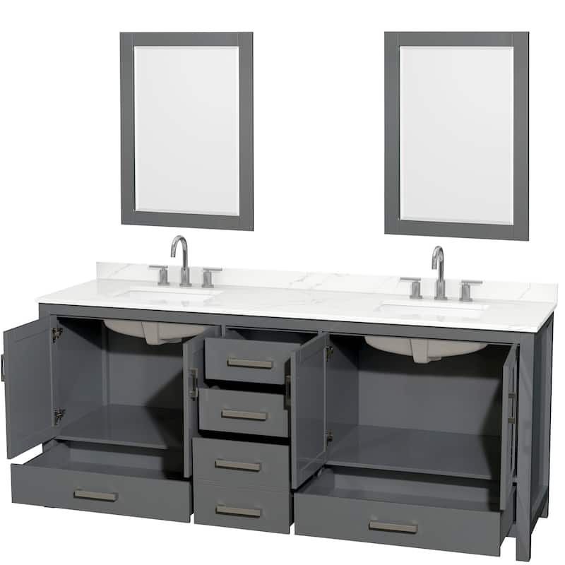 Sheffield 80-inch Double Vanity, 3 Hole Quartz Top, 24-inch Mirrors