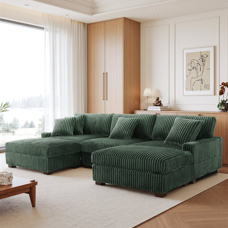 Mia 114" W Oversize Plush Corduroy Modular Sectional Sofa With Ottoman - 114" W - Green