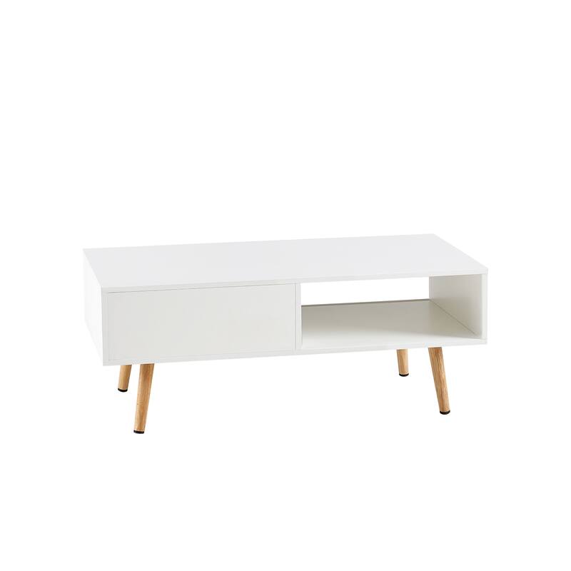 Anmytek White Rattan Coffee Table 41.34 Inch with Storage Sliding Door and Solid Wood Legs for Living Room